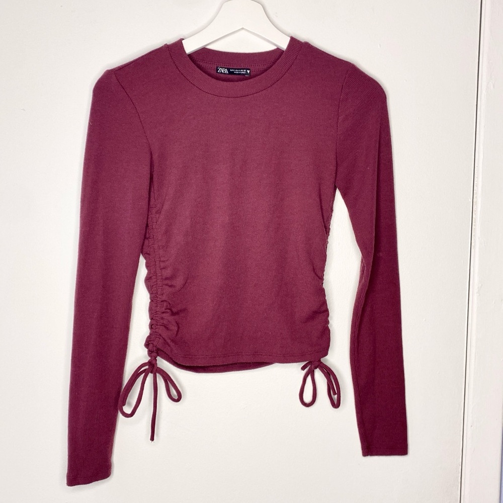 Zara Burgundy Ribbed Rutched Long Sleeve Top